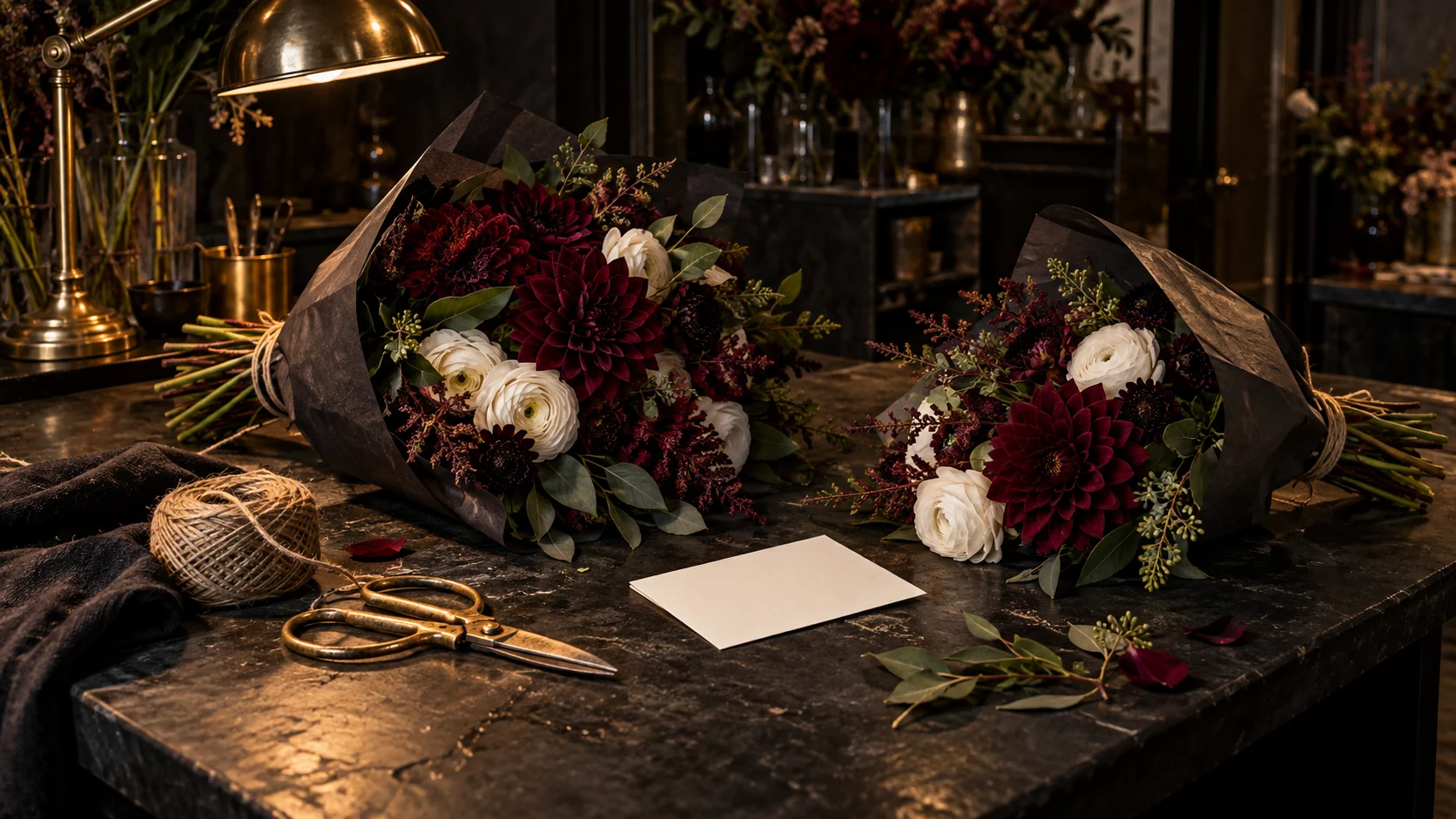 Two burgundy and ivory bouquets beside a blank order card, twine and brass shears on a florist workbench
