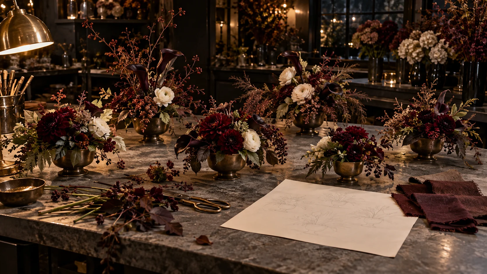 Several burgundy and ivory floral studies in bronze bowls beside a blank sketch sheet and fabric samples