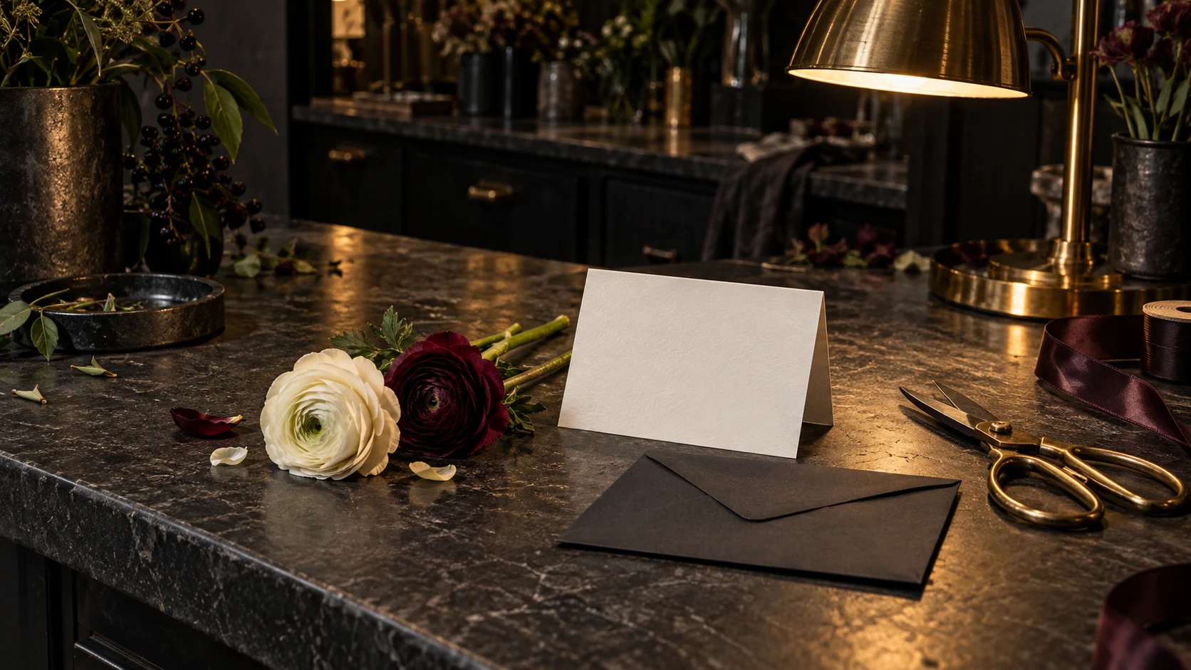 An ivory and a burgundy flower beside a blank folded card, charcoal envelope and brass shears