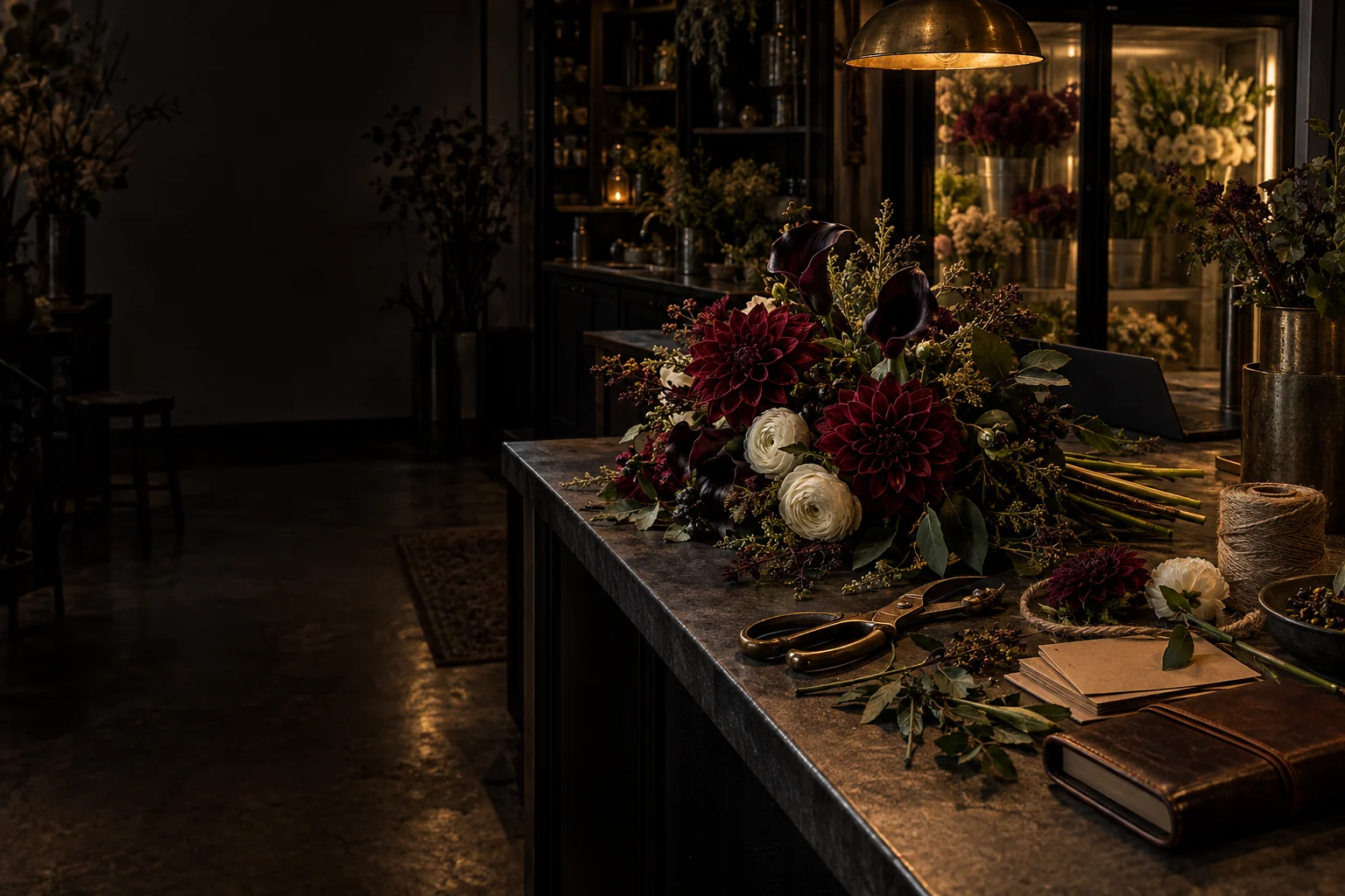 Dark florist workroom with burgundy flowers, brass shears and a stone counter after closing