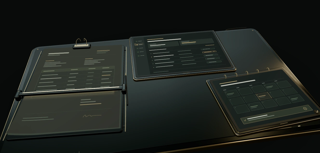 A dark analysis workbench with a document, a work record and a planning panel.
