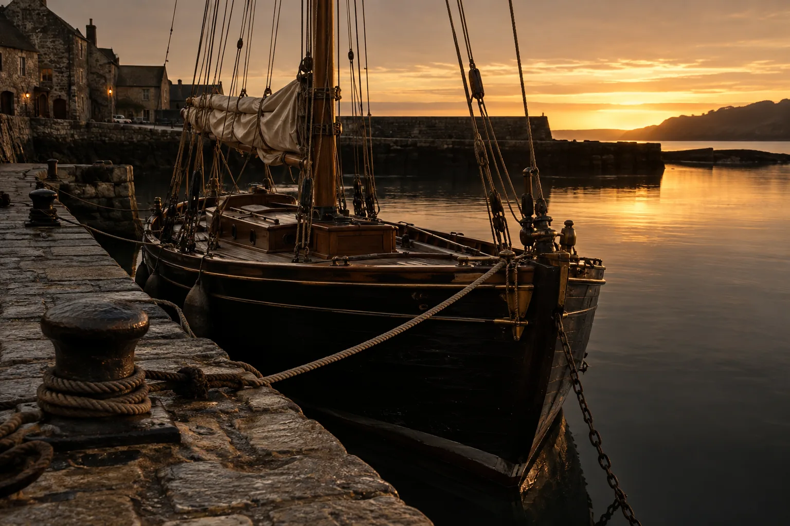 Dark wooden sailing boat alongside a stone quay at warm dawn