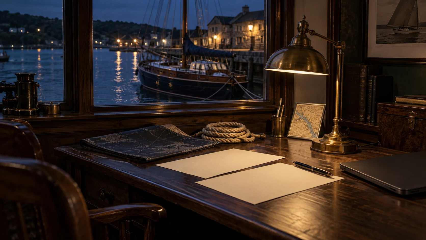 Dark harbour office desk with brass lamp, blank correspondence paper, sailing chart and a moored boat beyond the window