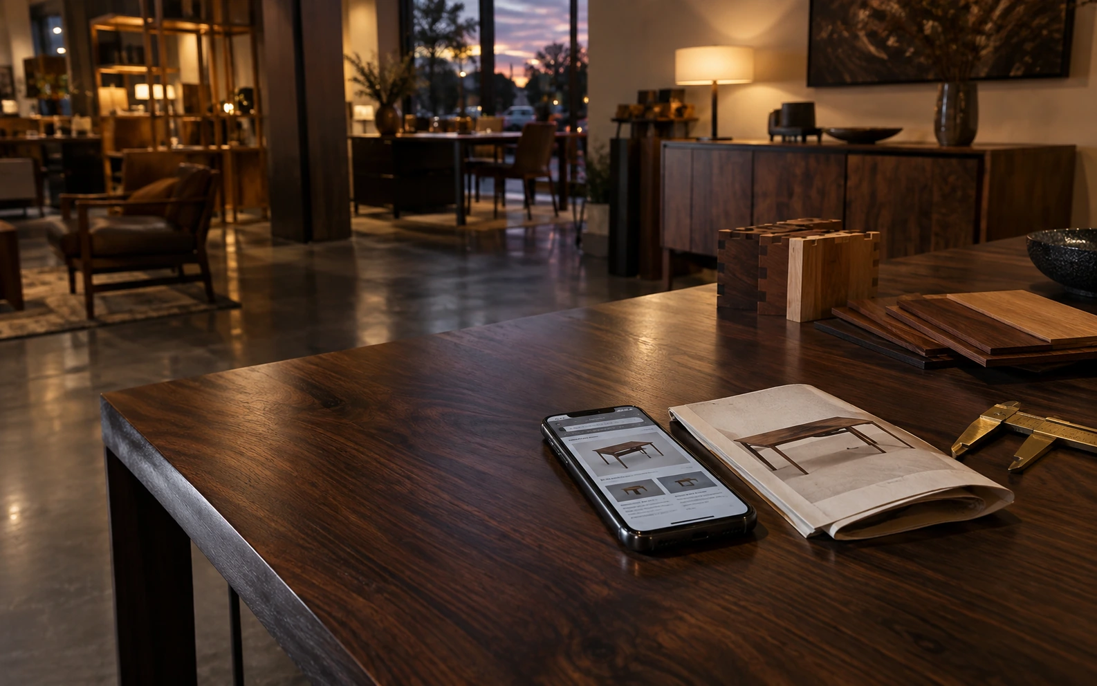 A phone displaying a small product page beside a printed furniture catalogue, material samples and a brass caliper in a showroom