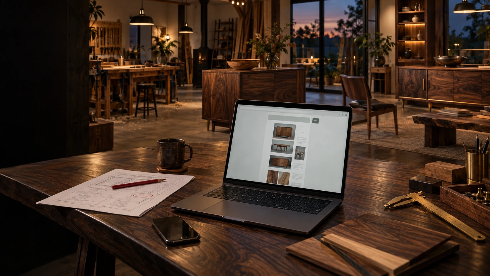A detailed furniture workshop and showroom with current custom work around a laptop