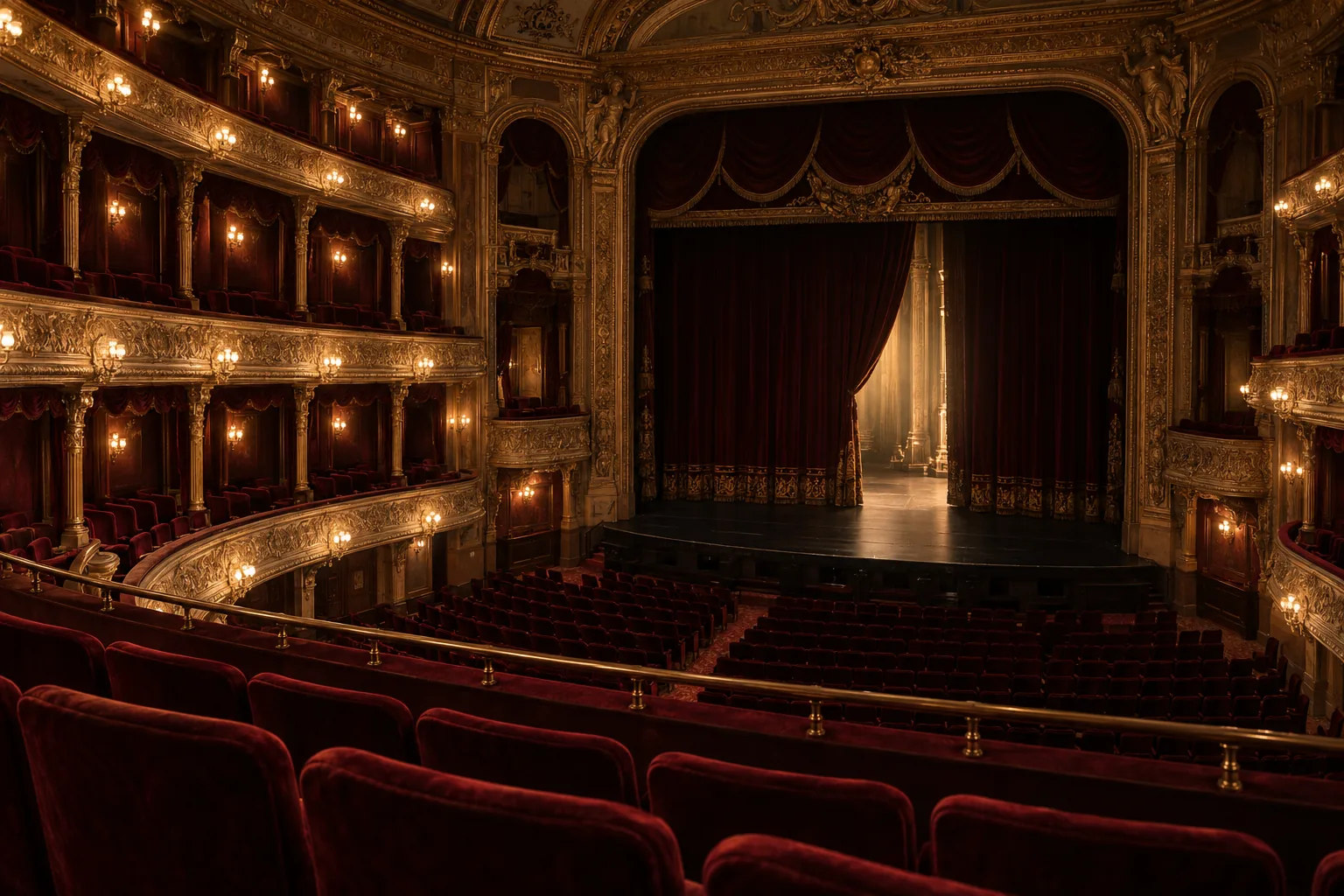 Historic theatre auditorium with gilded balconies, burgundy seats and a partly opened stage curtain