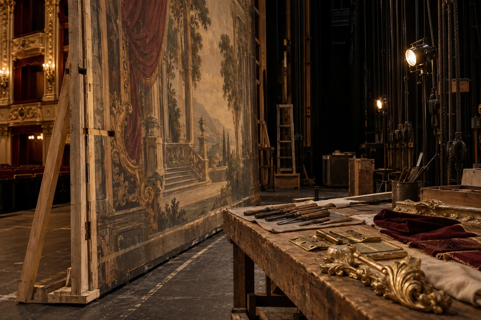 Painted theatre scenery under repair beside carpentry tools, ropes and burgundy velvet