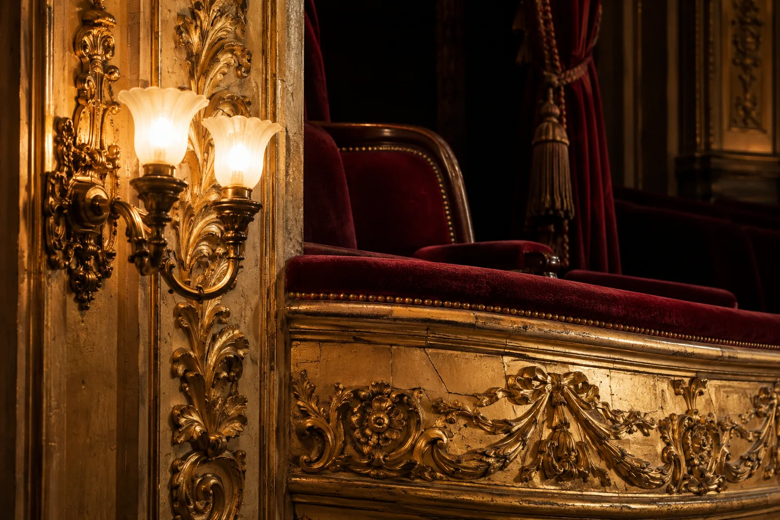 Close detail of aged gilded balcony plaster, warm brass lamps and burgundy theatre velvet