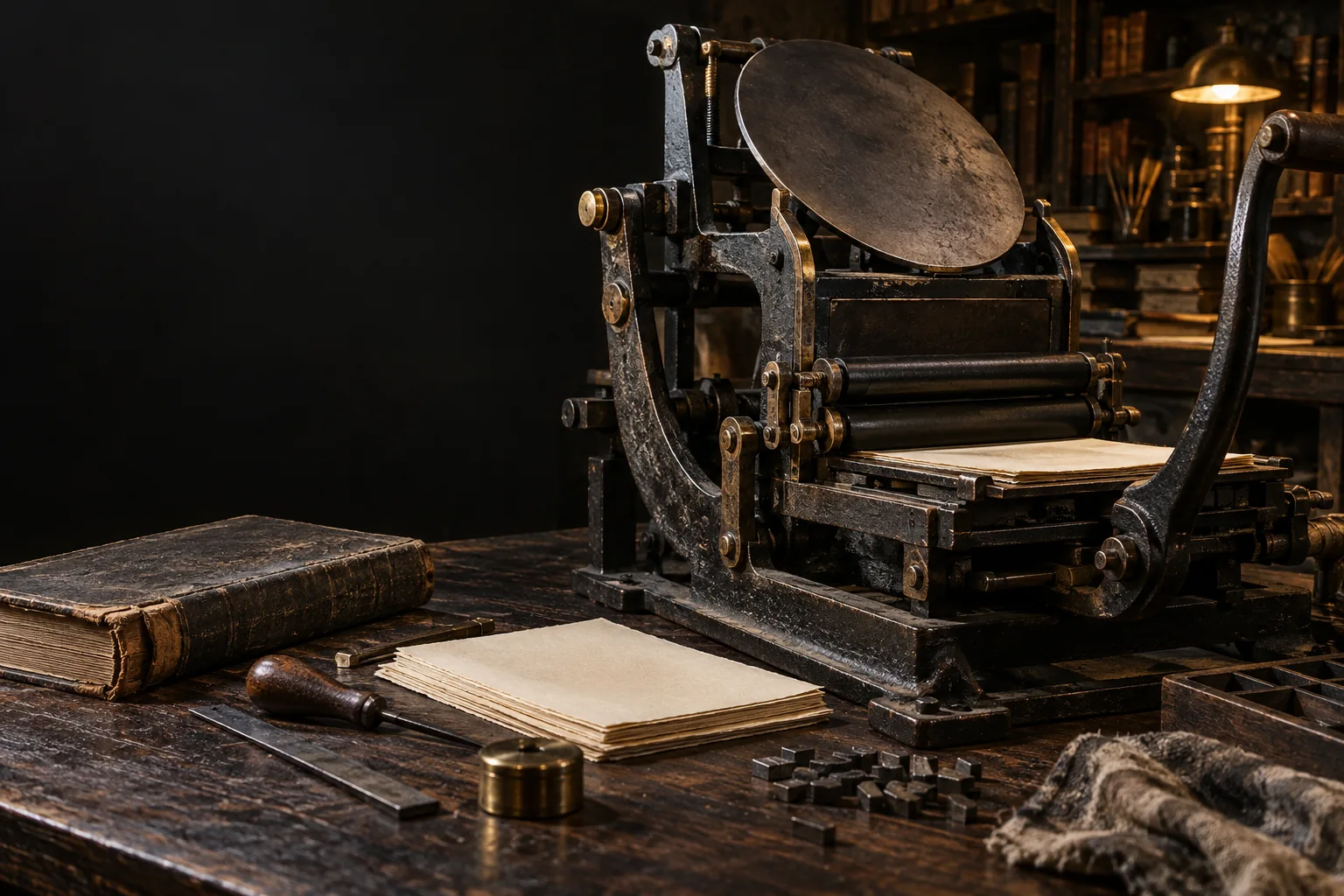 Antique cast-iron printing press, worn bound book and blank proof sheets on a dark restoration workbench