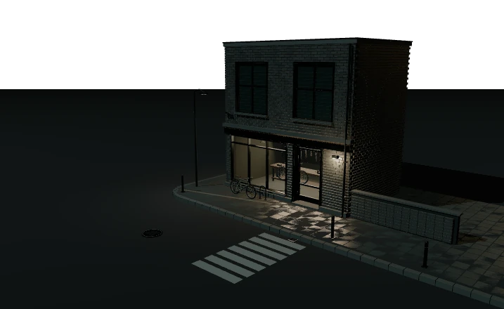 A dark shopping street with a bicycle repair frontage, a business location and a search location.