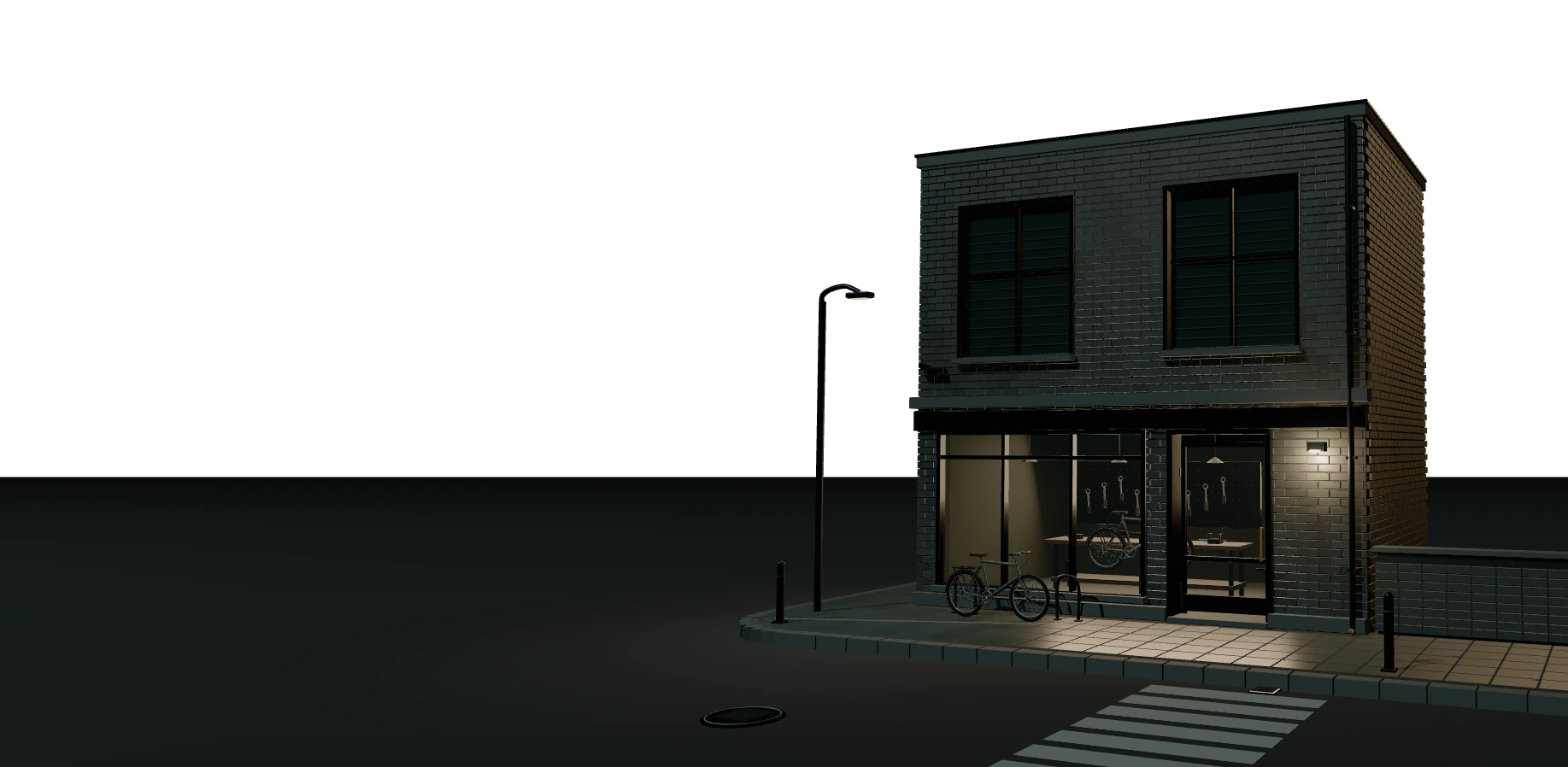 A bicycle repair frontage with brickwork, bicycles and a connected street.