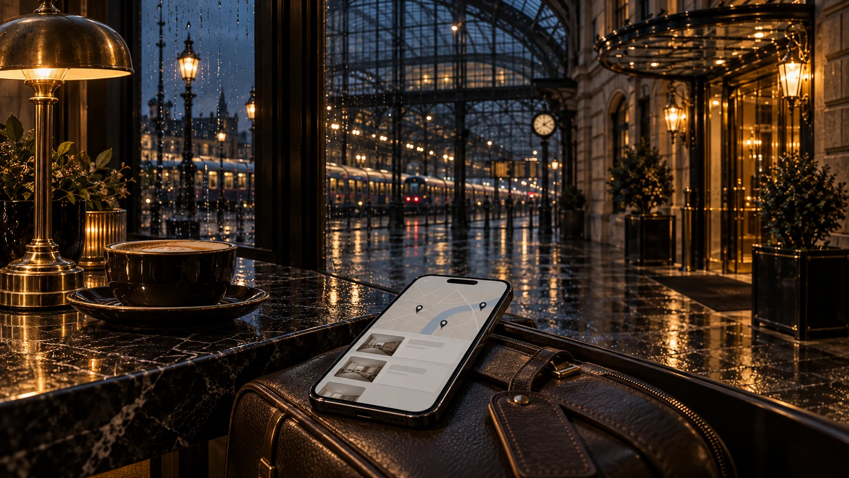 A phone showing nearby hotel results on a leather travel case beside a rain-streaked railway station window