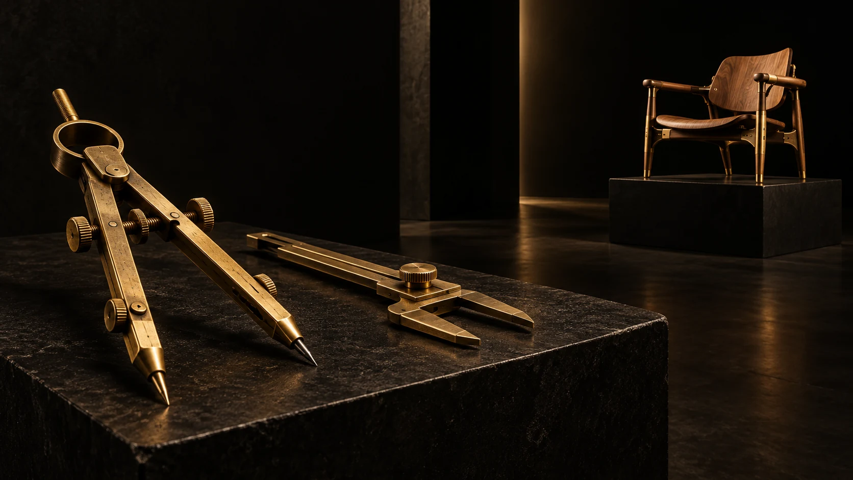 A brass drafting instrument on a near black plinth, with a walnut and brass chair prototype on a distant pedestal