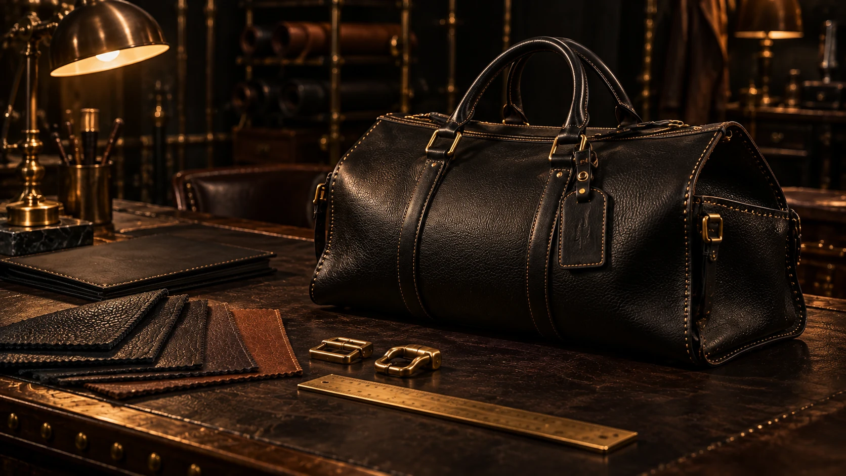 The completed black leather bag beside material swatches and brass hardware choices at a consultation table